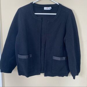 Vineyard Vines Grosgrain Trim Black Rib Knit Open Cardigan